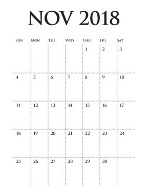 Kasım 2018 planlayıcısı takvim vektör çizim