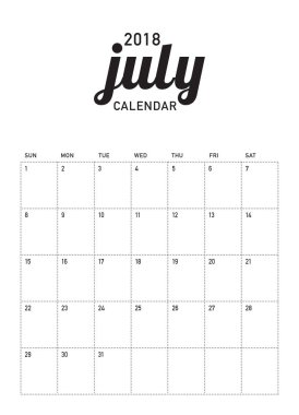 Temmuz 2018 takvim planlayıcısı vektör çizim