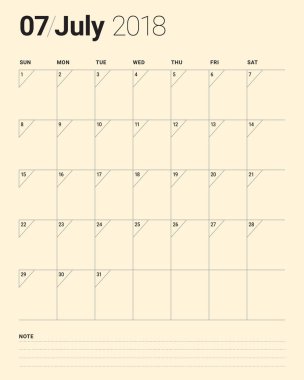 Temmuz 2018 takvim planlayıcısı vektör çizim