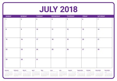 Temmuz 2018 takvim planlayıcısı vektör çizim