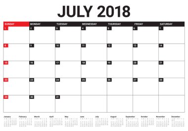Temmuz 2018 takvim planlayıcısı vektör çizim