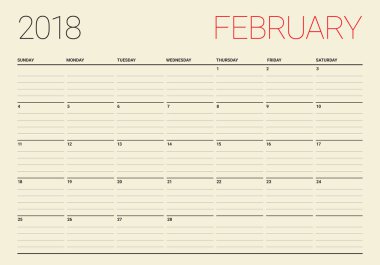 Şubat 2018 takvim planlayıcısı vektör çizim