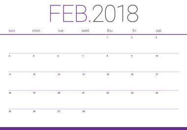 Şubat 2018 takvim planlayıcısı vektör çizim