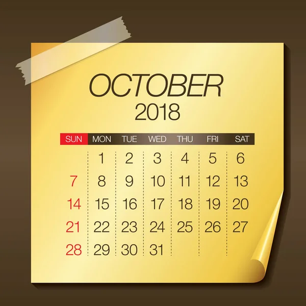 Ottobre 2018 calendario vettoriale illustrazione — Vettoriale Stock