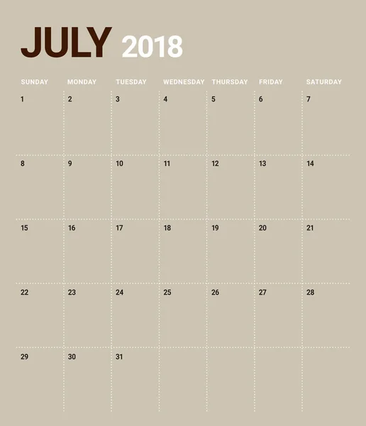 Július 2018 naptár tervező vektoros illusztráció — Stock Vector