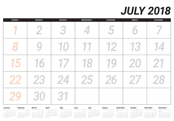Juillet 2018 calendrier planificateur vectoriel illustration — Image vectorielle
