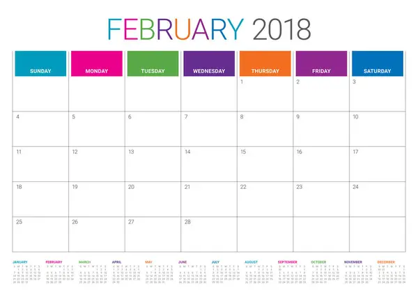 Εικονογράφηση διάνυσμα planner ημερολόγιο Φεβρουαρίου 2018 — Διανυσματικό Αρχείο