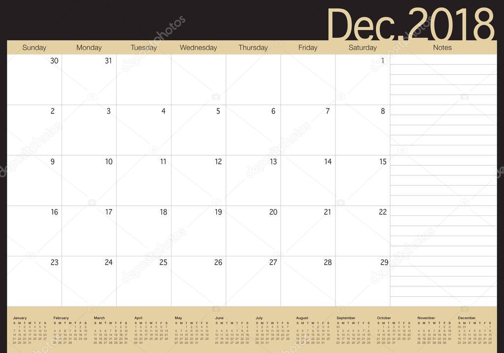 December 2018 planner calendar vector illustration