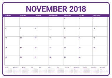 Kasım 2018 planlayıcısı takvim vektör çizim