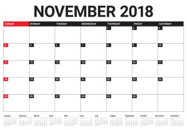 Kasım 2018 planlayıcısı takvim vektör çizim