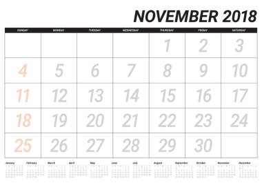 Kasım 2018 planlayıcısı takvim vektör çizim