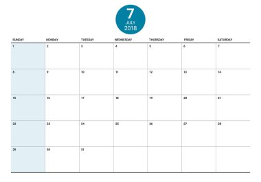 Temmuz 2018 takvim planlayıcısı vektör çizim