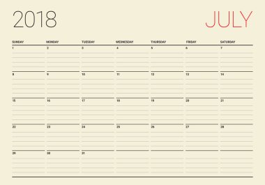Temmuz 2018 takvim planlayıcısı vektör çizim