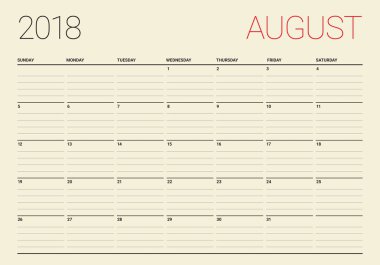 Ağustos 2018 planlayıcısı takvim vektör çizim