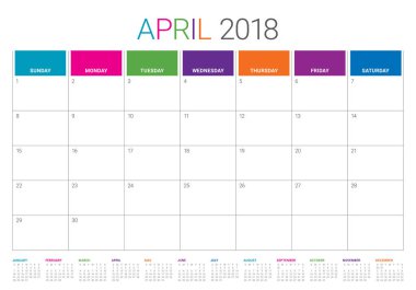 Nisan 2018 takvim planlayıcısı vektör çizim