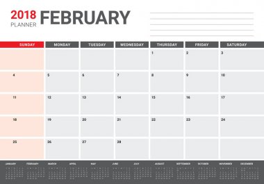 Şubat 2018 takvim planlayıcısı vektör çizim