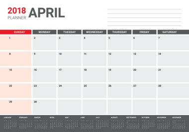 Nisan 2018 takvim planlayıcısı vektör çizim