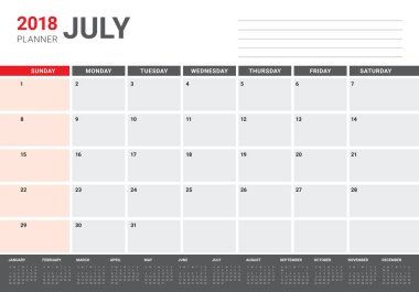 Temmuz 2018 takvim planlayıcısı vektör çizim