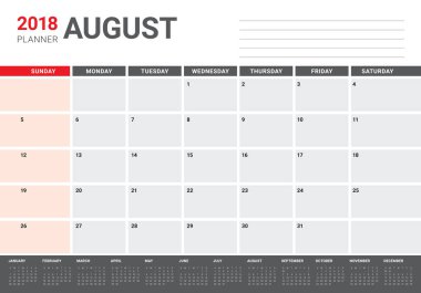 Ağustos 2018 planlayıcısı takvim vektör çizim