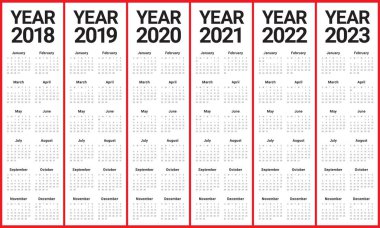 Yıl 2018 2019 2020 2021 2022 2023 takvim vektör