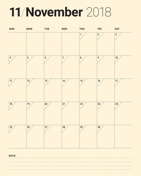 Ilustracja wektorowa listopada 2018 planner kalendarz — Wektor stockowy