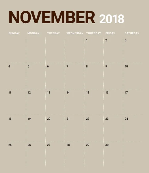 Εικονογράφηση διάνυσμα ημερολόγιο planner Νοεμβρίου 2018 — Διανυσματικό Αρχείο
