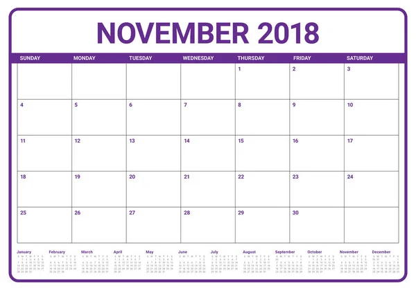 Novembre 2018 planificateur calendrier vectoriel illustration — Image vectorielle