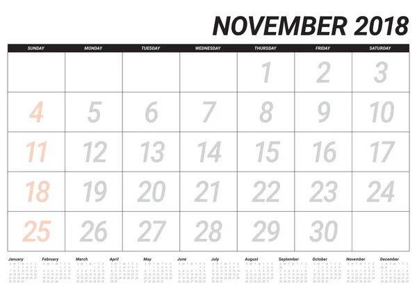 Novembro 2018 planejador calendário vetor ilustração — Vetor de Stock