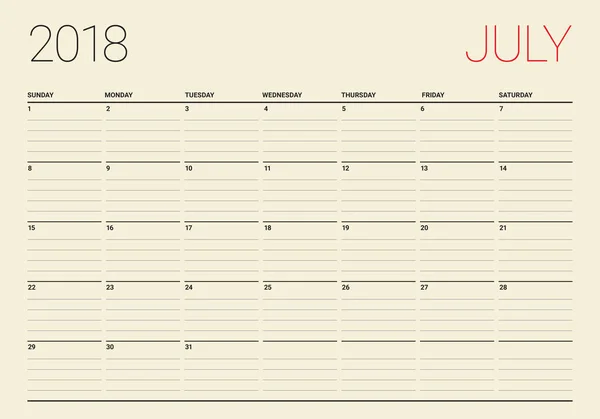 Julio 2018 calendario planificador vector ilustración — Vector de stock