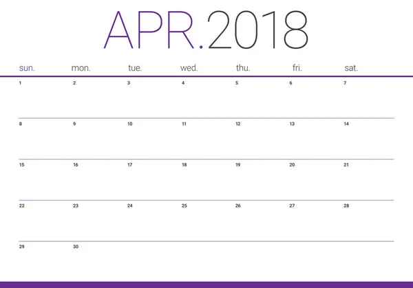 Ilustracja wektorowa planner kalendarz kwietnia 2018 — Wektor stockowy