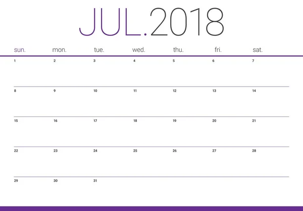 Juli 2018 Kalenderplaner Vektor Illustration — Stockvektor