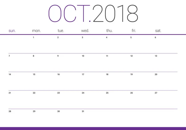 Oktober 2018 planer kalendervektor illustration — Stockvektor