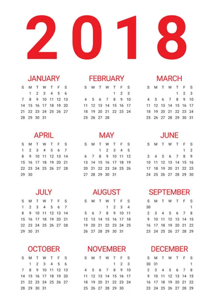 Año 2018 plantilla de diseño de vectores calendario — Vector de stock