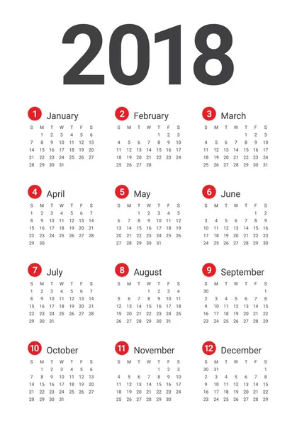 Año 2018 plantilla de diseño de vectores calendario — Vector de stock