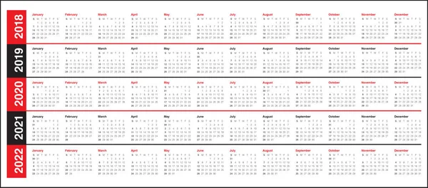 Año 2018 2019 2020 2021 2022 vector de calendario — Vector de stock