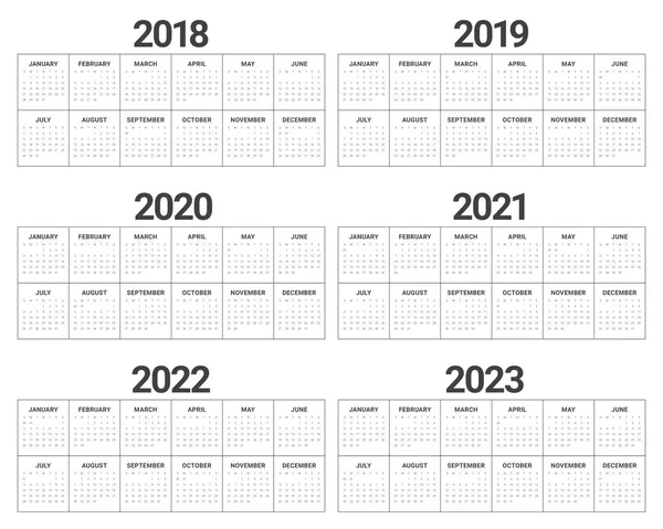 Año 2018 2019 2020 2021 2022 2023 vector de calendario — Vector de stock