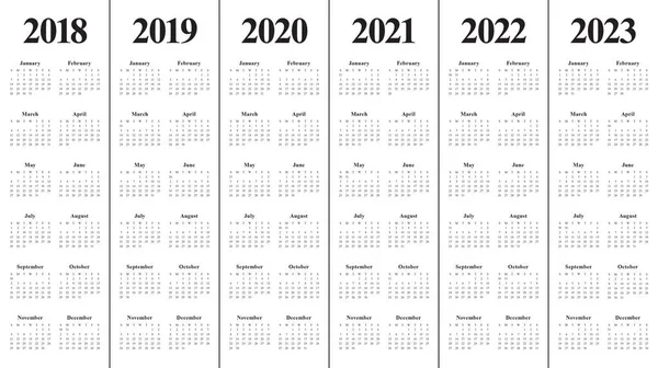 Jahr 2018 2019 2020 2021 2022 2023 Kalendervektor — Stockvektor