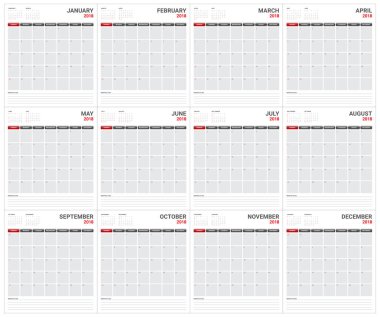 Yıl 2018 planlayıcısı takvim vektör çizim
