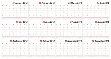 Yıl 2018 planlayıcısı takvim vektör çizim