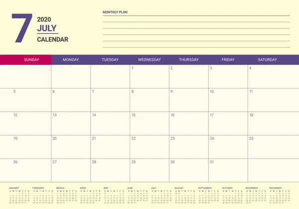 Липень 2020 Таблиця календаря Векторні ілюстрації — стоковий вектор