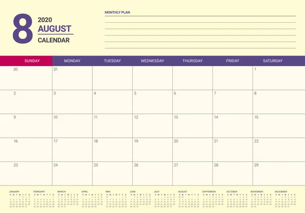 Agosto 2020 escritorio calendario vector ilustración — Vector de stock
