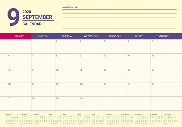 Septembre 2020 illustration vectorielle de calendrier de bureau — Image vectorielle