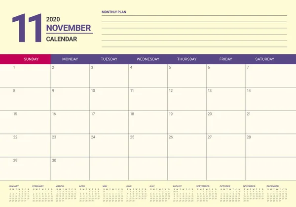 Εικονογράφηση φορέα ημερολογίου γραφείου Νοεμβρίου 2020 — Διανυσματικό Αρχείο