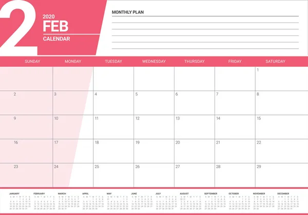 Febrero 2020 escritorio calendario vector ilustración — Vector de stock