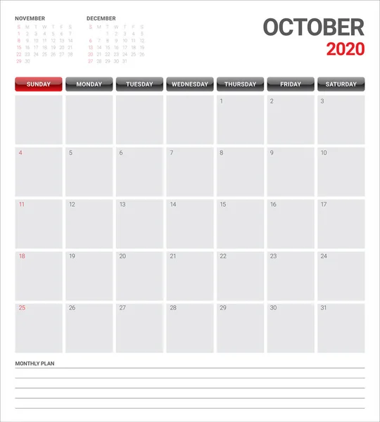 Octubre 2020 escritorio calendario vector ilustración — Vector de stock