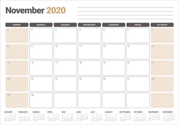 November 2020 desk calendar vector illustration — Stock Vector