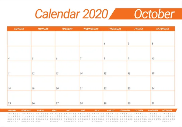 Oktober 2020 skrivbord Kalender vektor illustration — Stock vektor