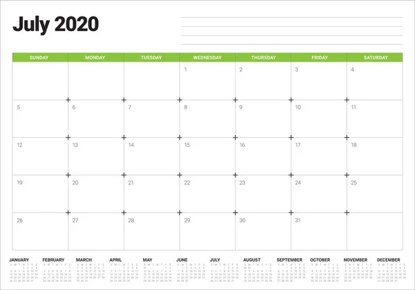 2020 lipca biurko kalendarz ilustracja wektor — Wektor stockowy