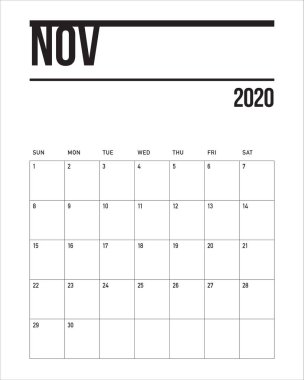Kasım 2020 masa takvimi vektör illüstrasyon