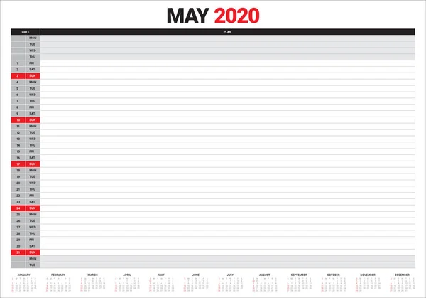 2020 maja biurko kalendarz ilustracja wektor — Wektor stockowy
